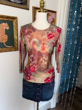 Vintage Y2K Floral Scenic Print Long-Sleeve Top - Pink Multicolor